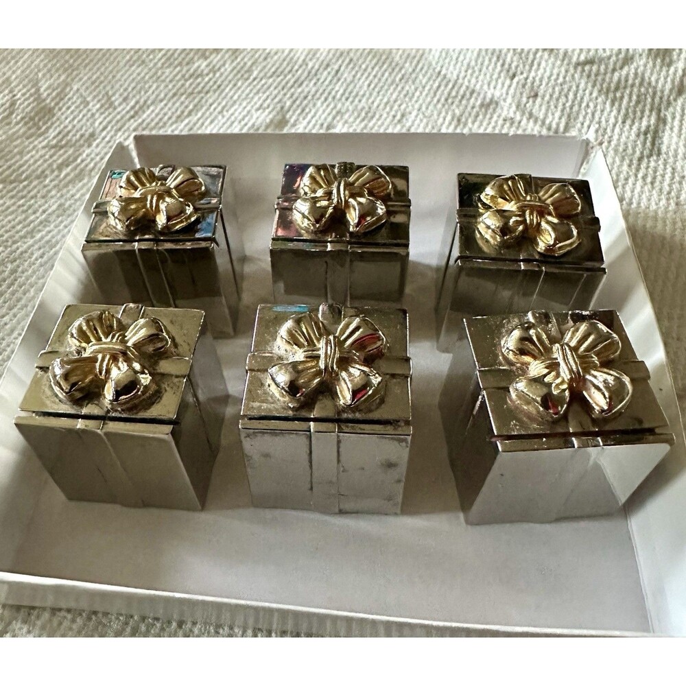 6 Godinger Place Card Name Tag Holder Silver Plated Present Gift Box W/ Bow VTG
